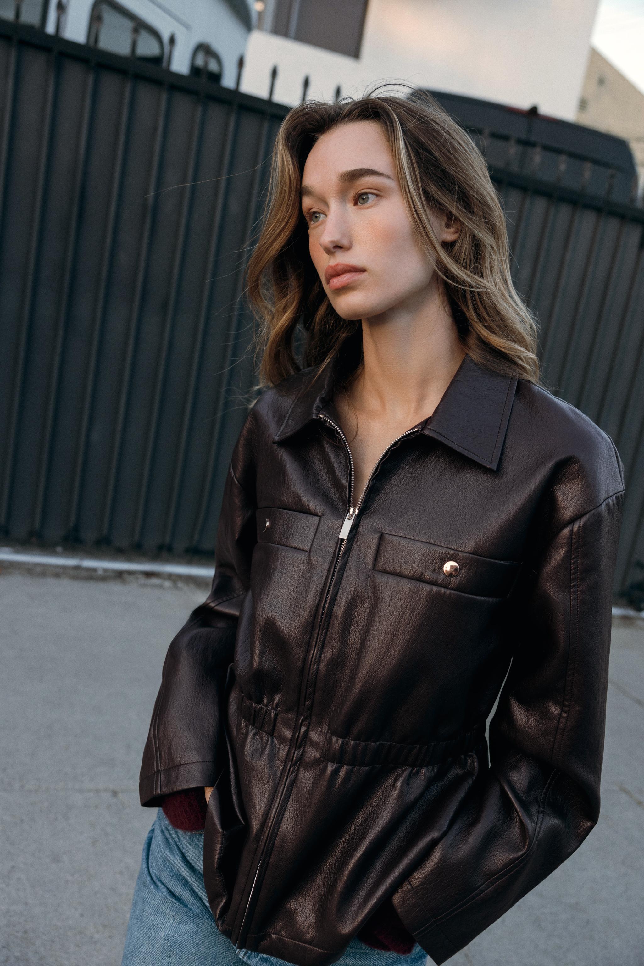 ELASTIC WAIST FAUX LEATHER JACKET